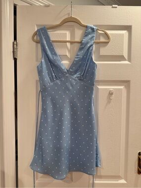Cotton candy LA baby blue satin bias mini dress with polka dots